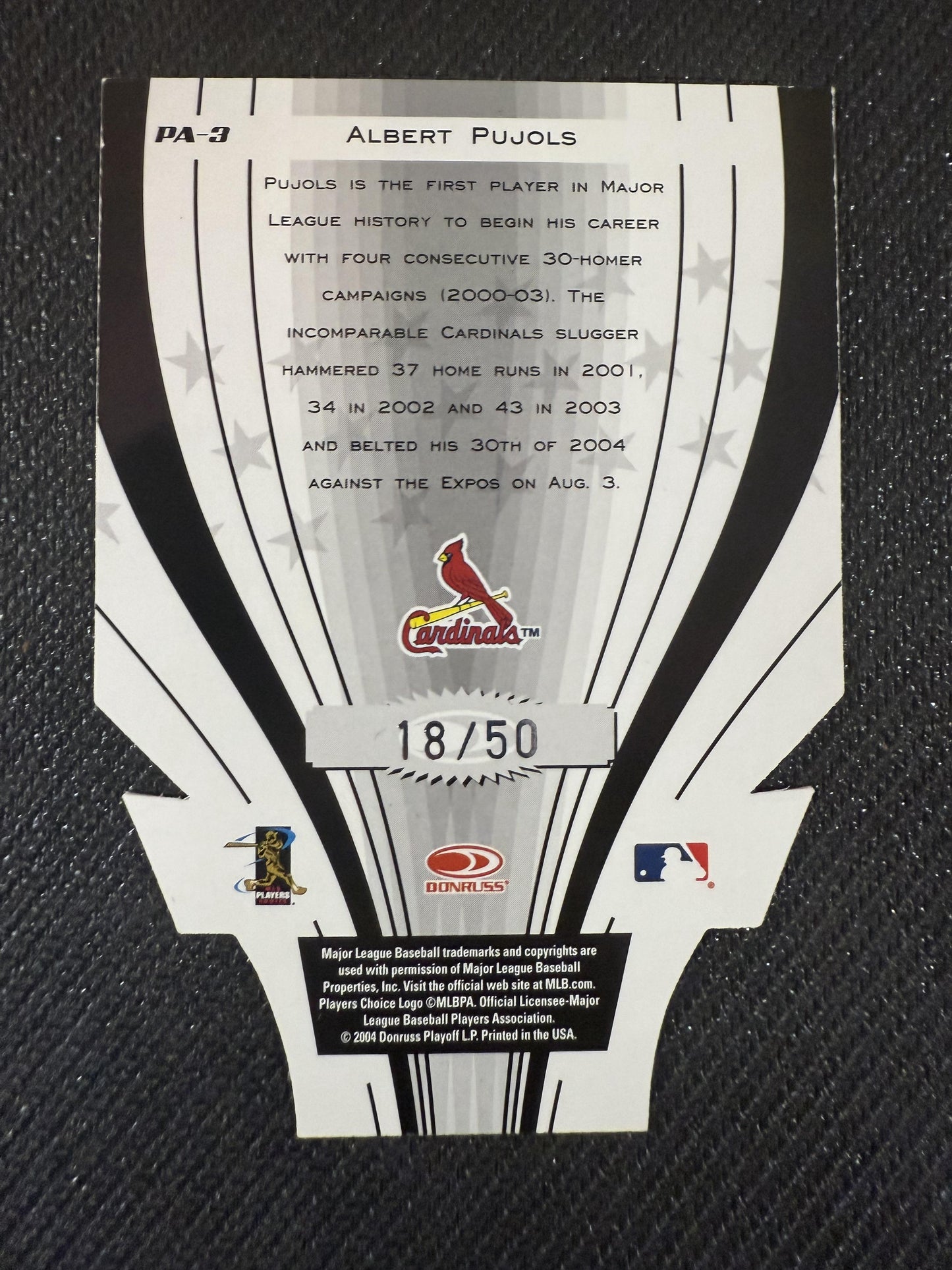 #PA-3 Albert Pujols 2005 Donruss SN #/50 Cardinals Power Alley Purple Die Cut