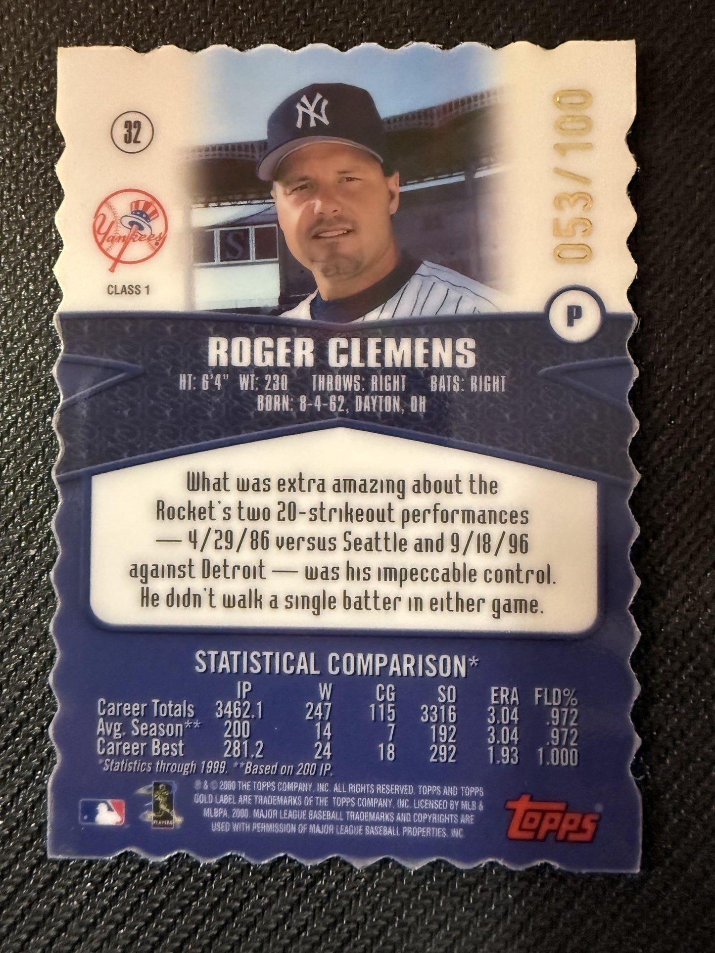 #32 Roger Clemens 2000 Topps Gold Label SN #/100 New York Yankees Class 1 Gold