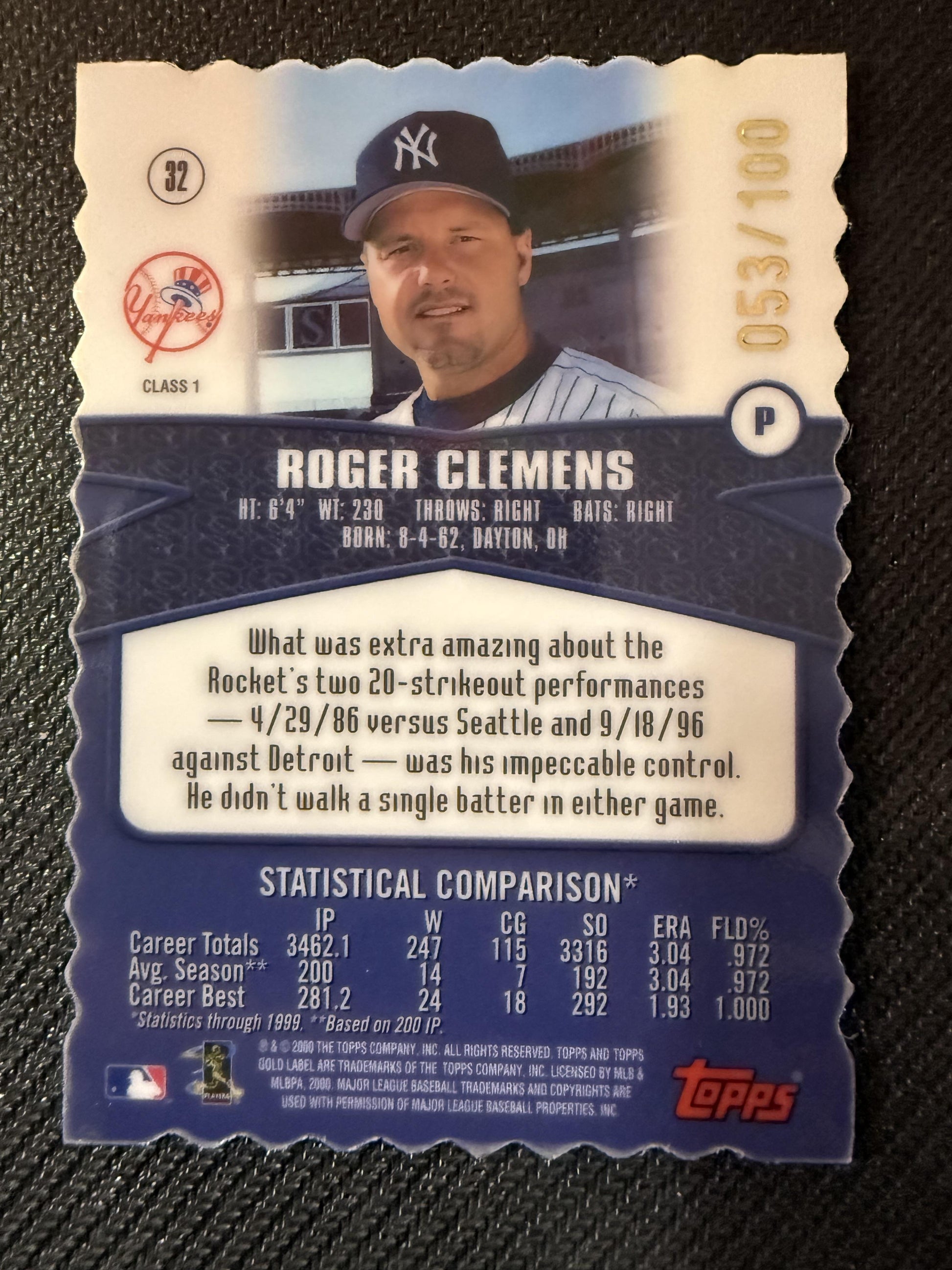 #32 Roger Clemens 2000 Topps Gold Label SN #/100 New York Yankees Class 1 Gold