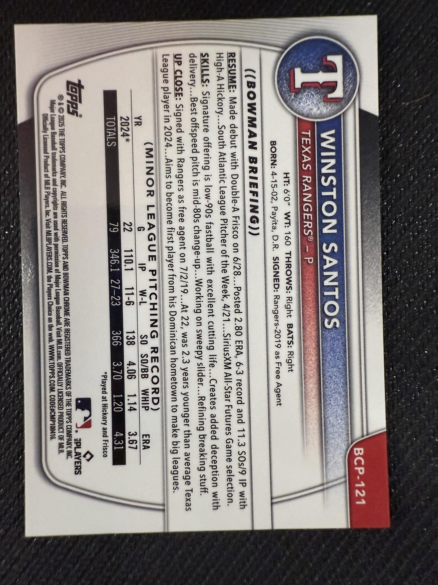 #BCP-121 Winston Santos 2025 Bowman Rangers Chrome Prospects Gold Shimmer