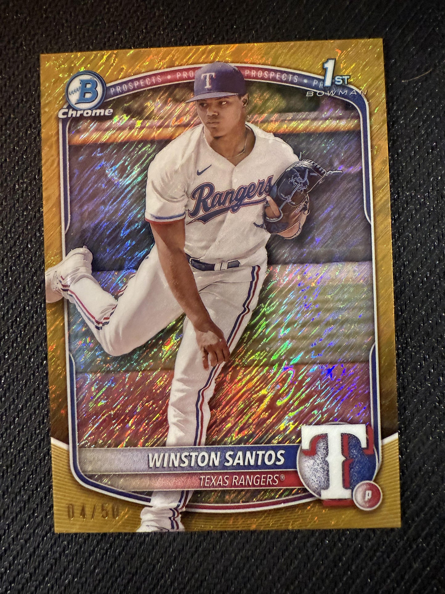 #BCP-121 Winston Santos 2025 Bowman Rangers Chrome Prospects Gold Shimmer