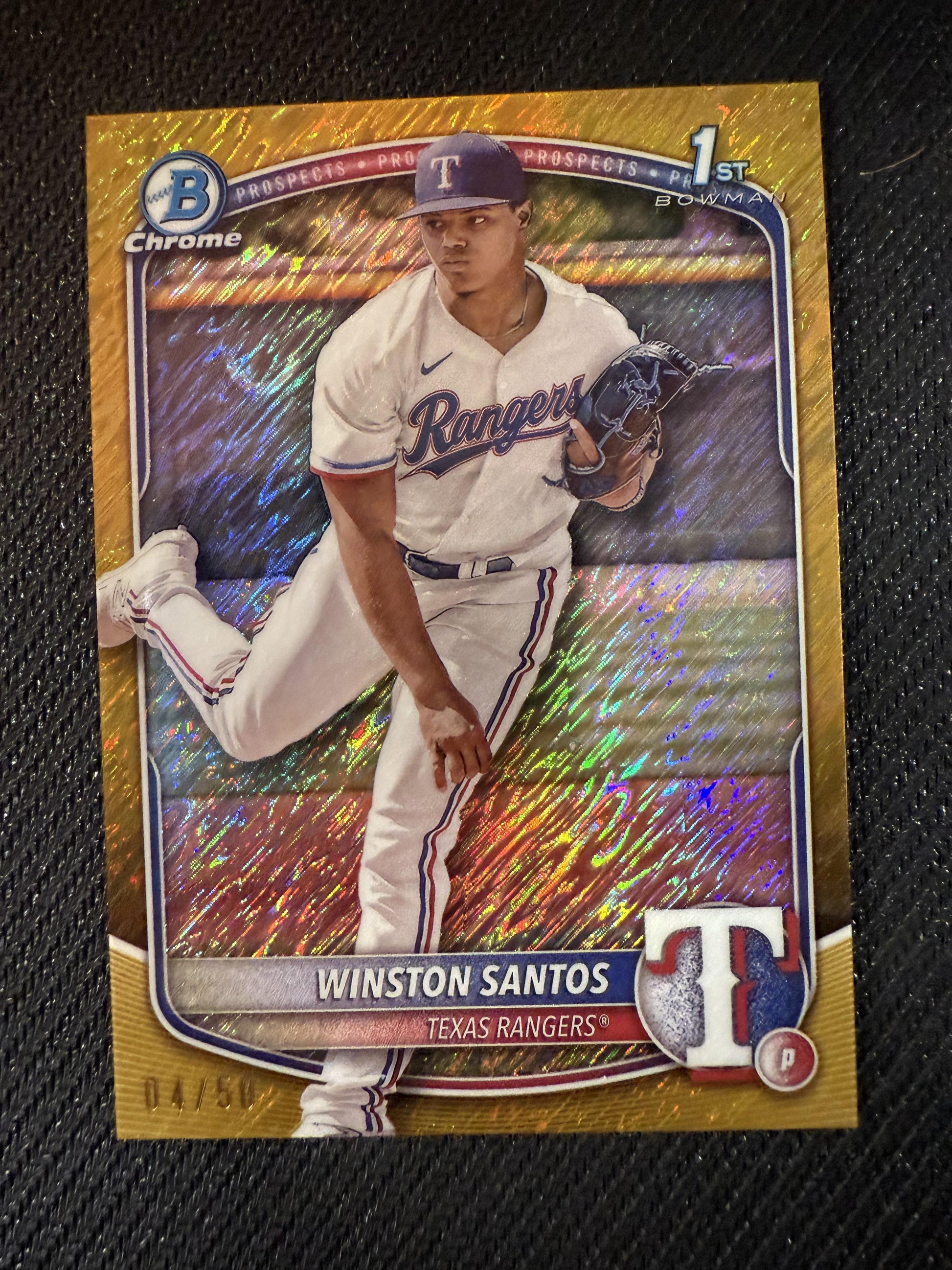 #BCP-121 Winston Santos 2025 Bowman Rangers Chrome Prospects Gold Shimmer