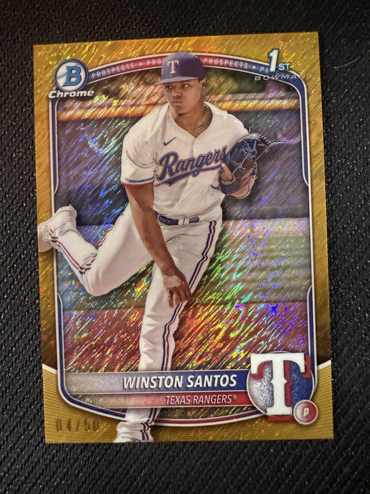 #BCP-121 Winston Santos 2025 Bowman Rangers Chrome Prospects Gold Shimmer