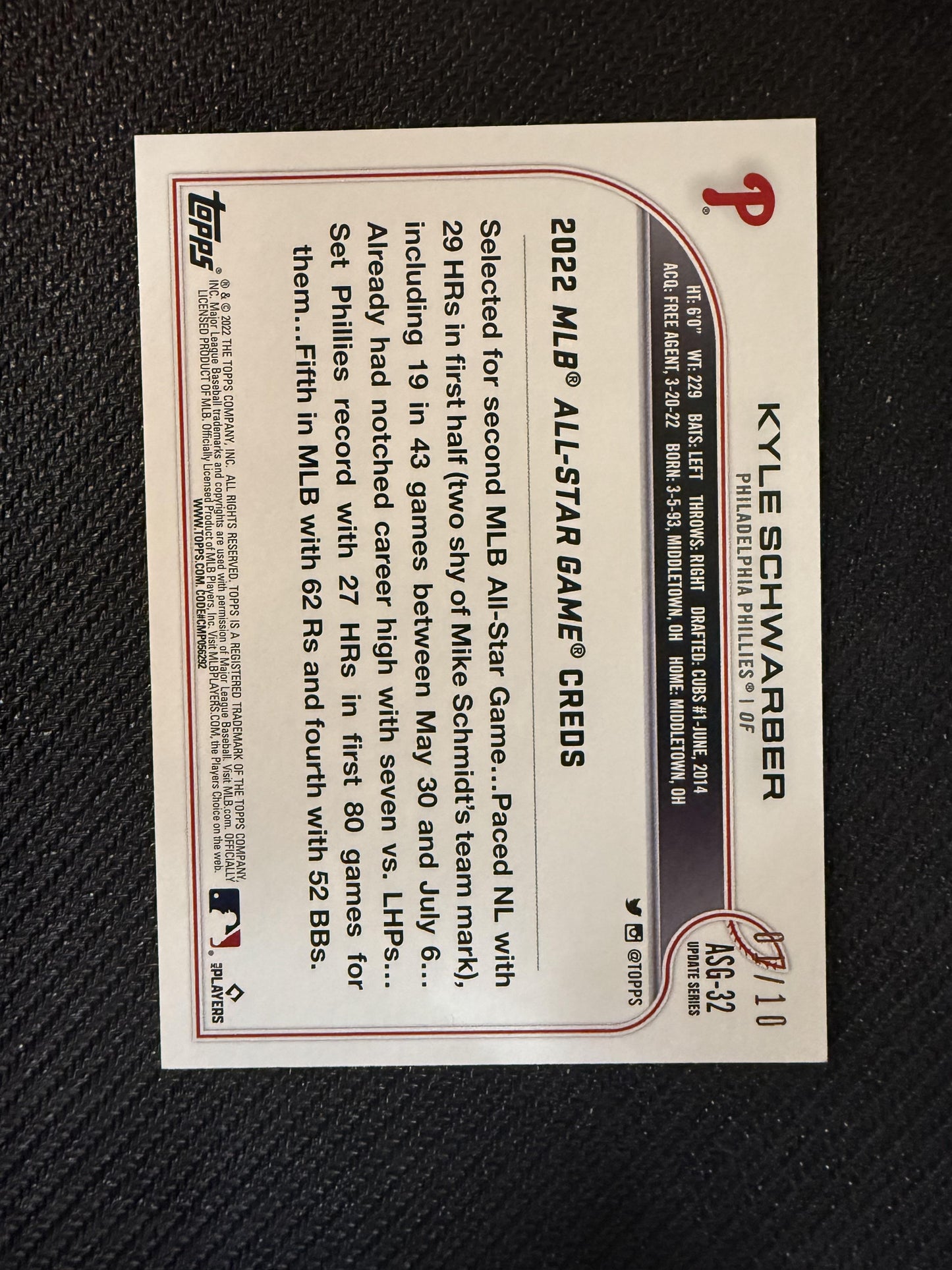 #ASG-32 Kyle Schwarber 2022 Topps Update SN Philadelphia Phillies All-Star Red