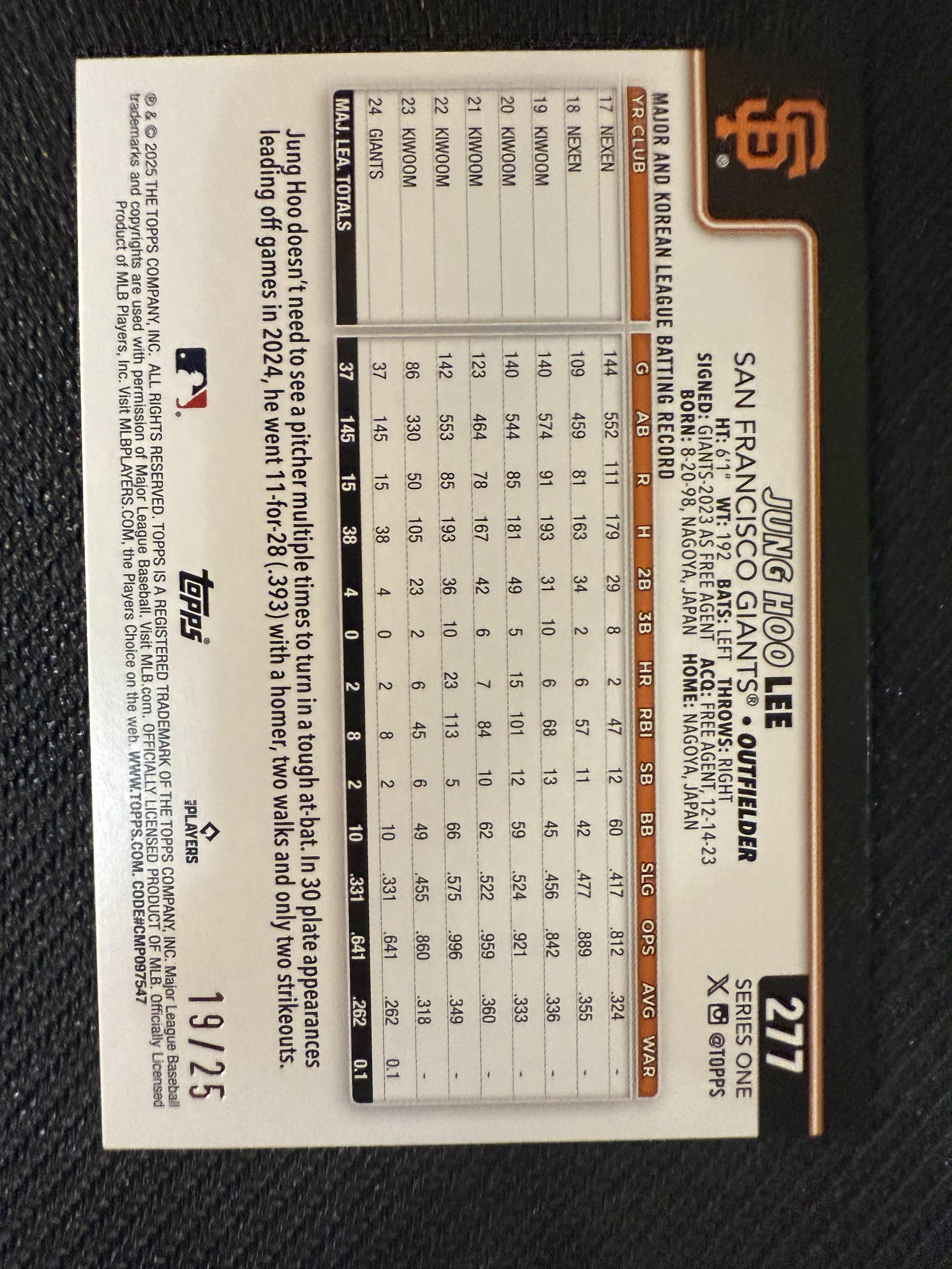 #277 Jung Hoo Lee 2025 Topps SN San Francisco Giants sports Orange Diamante