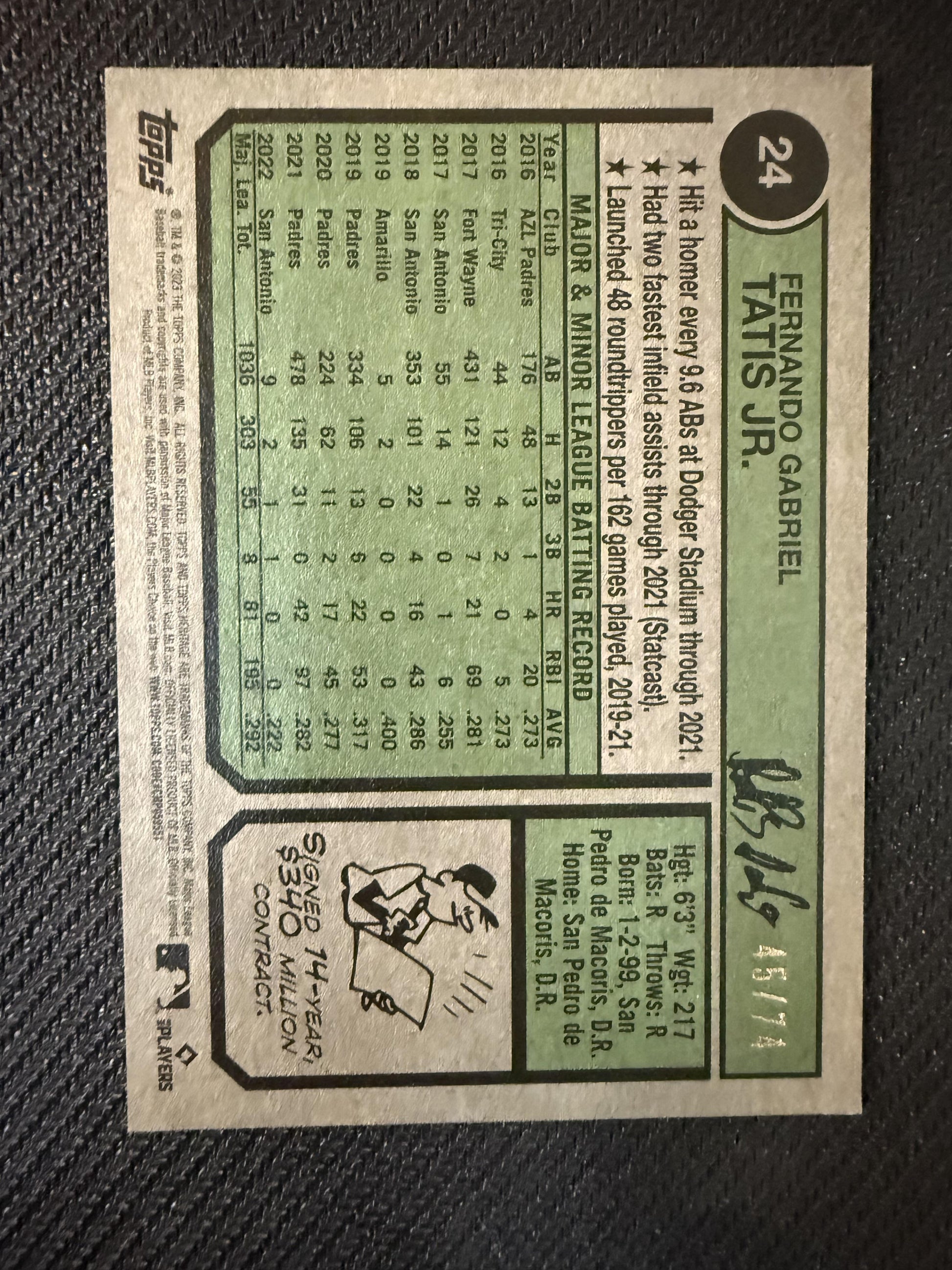 #24 Fernando Tatis Jr. 2023 Topps Heritage SN San Diego Padres Black Refractor