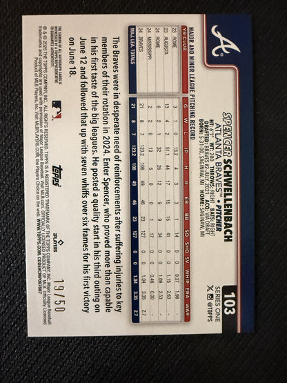 #103 Spencer Schwellenbach 2025 Topps Braves Flagship Real One Auto Gold Foil