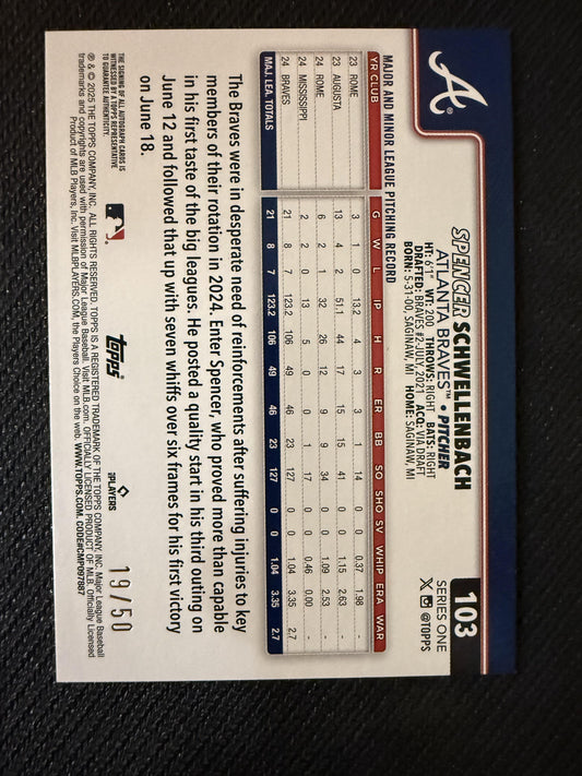 #103 Spencer Schwellenbach 2025 Topps Braves Flagship Real One Auto Gold Foil