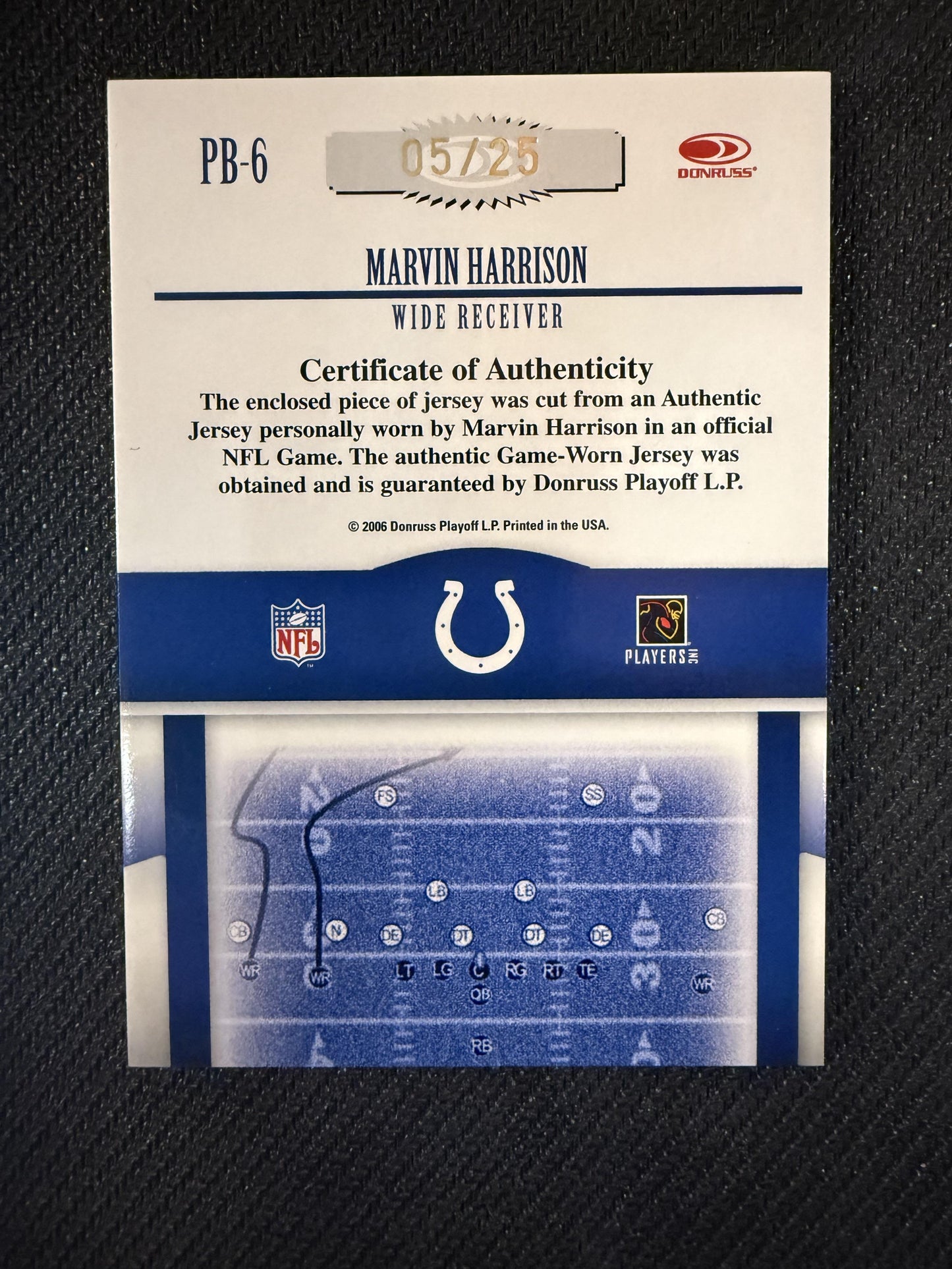 #PB-6 Marvin Harrison 2006 Donruss Gridiron Gear SN #/25 Colts Playbook Platinum