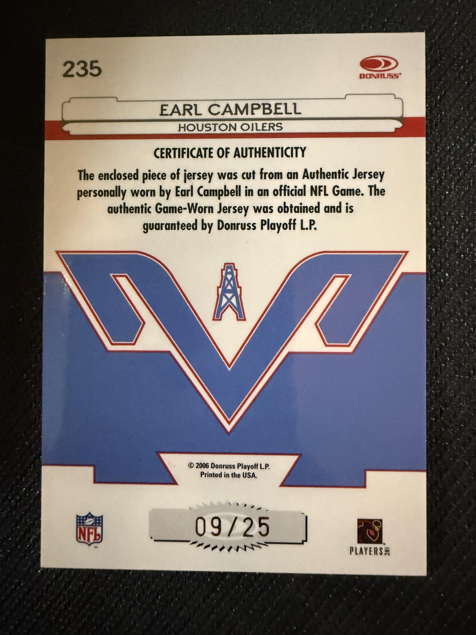 #235 Earl Campbell 2006 Leaf Certified Materials /25 Oilers Mirror Gold
