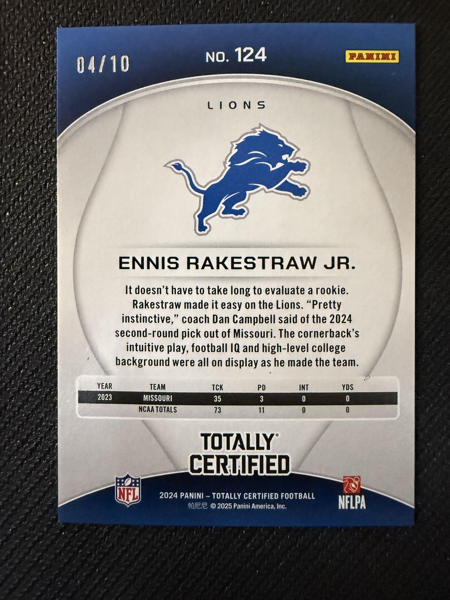 #124 Ennis Rakestraw Jr. 2024 Panini Totally Certified Lions Mirror Gold