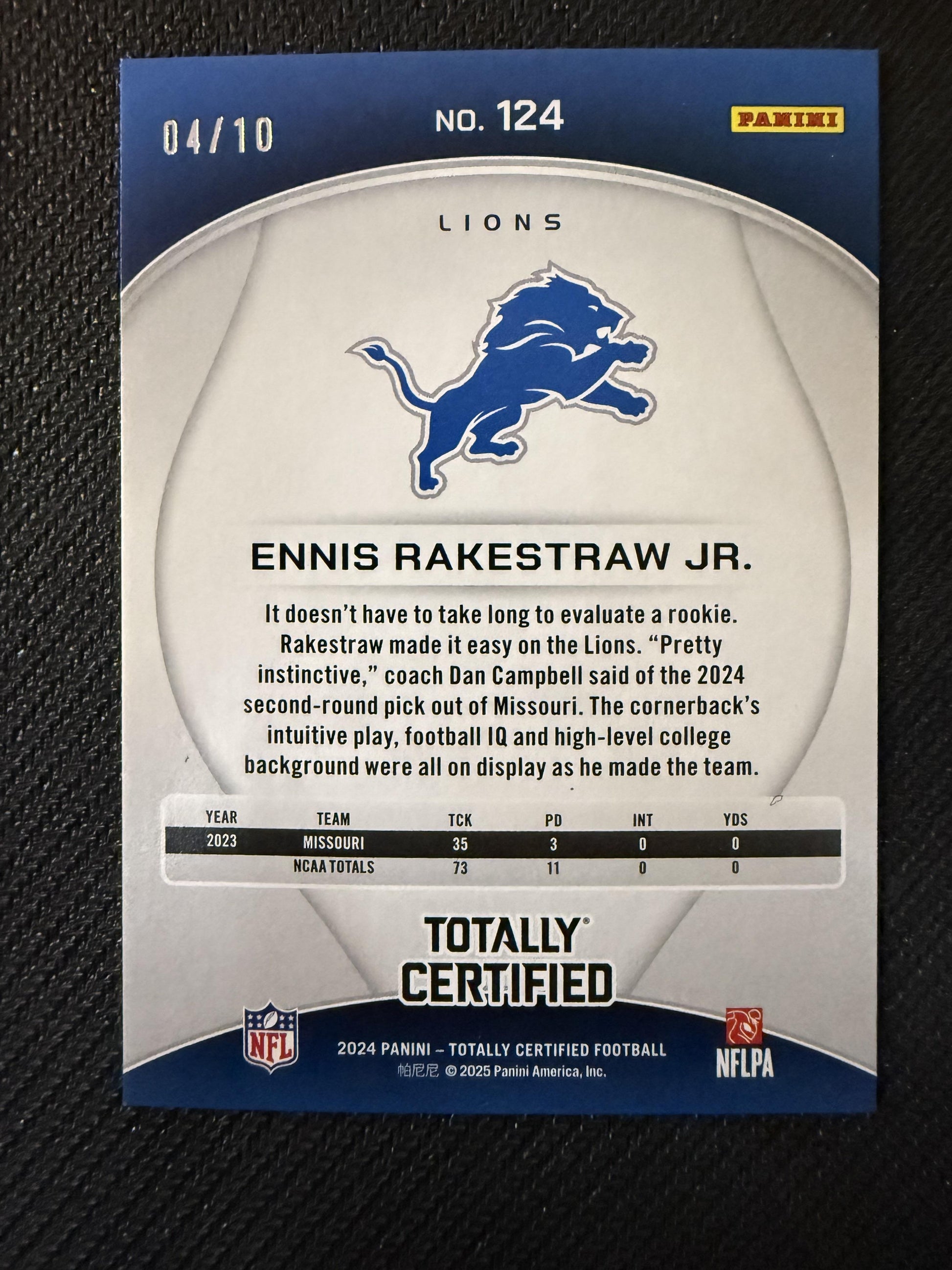 #124 Ennis Rakestraw Jr. 2024 Panini Totally Certified Lions Mirror Gold