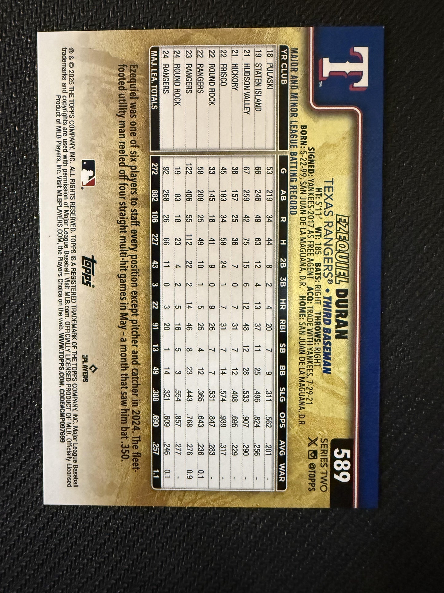 #589 Ezequiel Duran 2025 Topps Texas Rangers sports Golden Mirror Variation