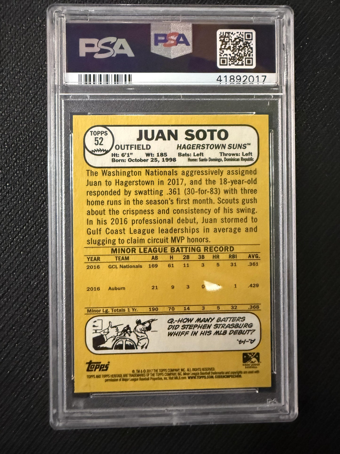 #52 Juan Soto 2017 Topps Heritage Minor League Hagerstown Suns sports