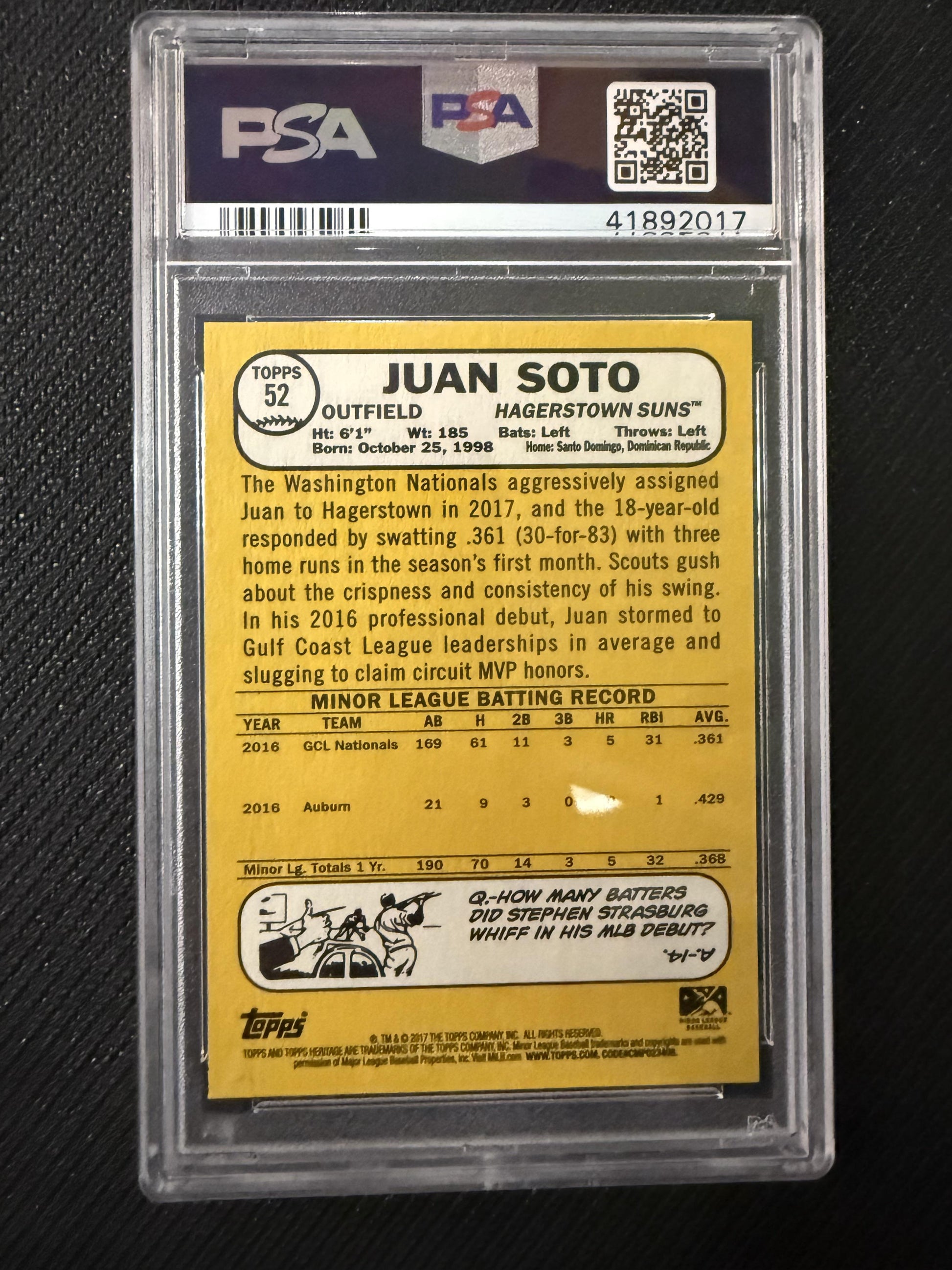 #52 Juan Soto 2017 Topps Heritage Minor League Hagerstown Suns sports
