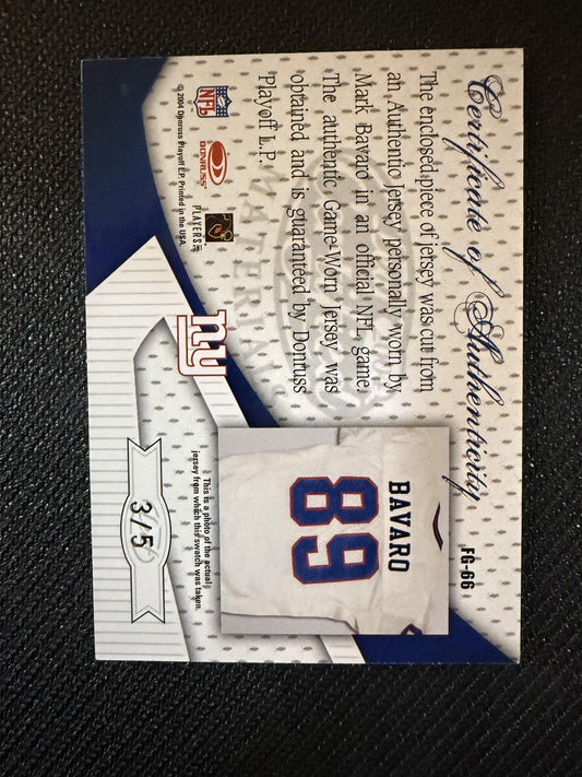#FG-66 Mark Bavaro 2004 Leaf Certified Materials /5 Giants Fabric of the Game