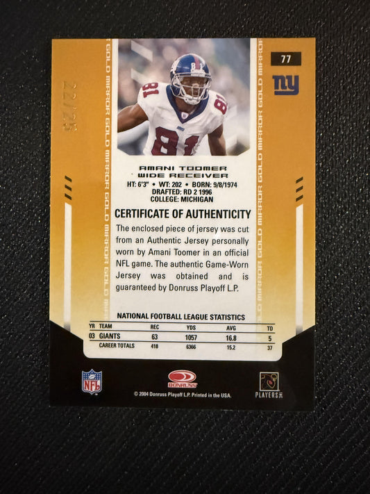 #77 Amani Toomer 2004 Leaf Certified Materials /25 Giants Mirror Gold Materials
