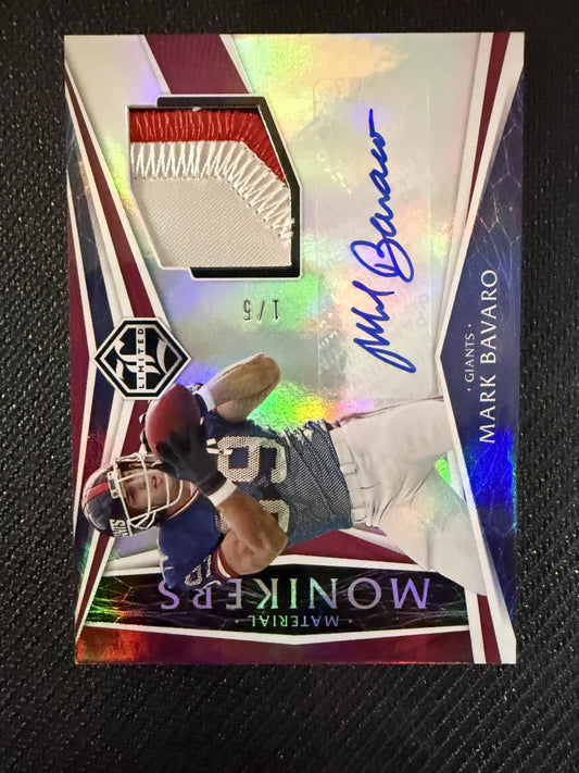 #MM-MB Mark Bavaro 2020 Panini Limited Auto /5 Giants Material Monikers