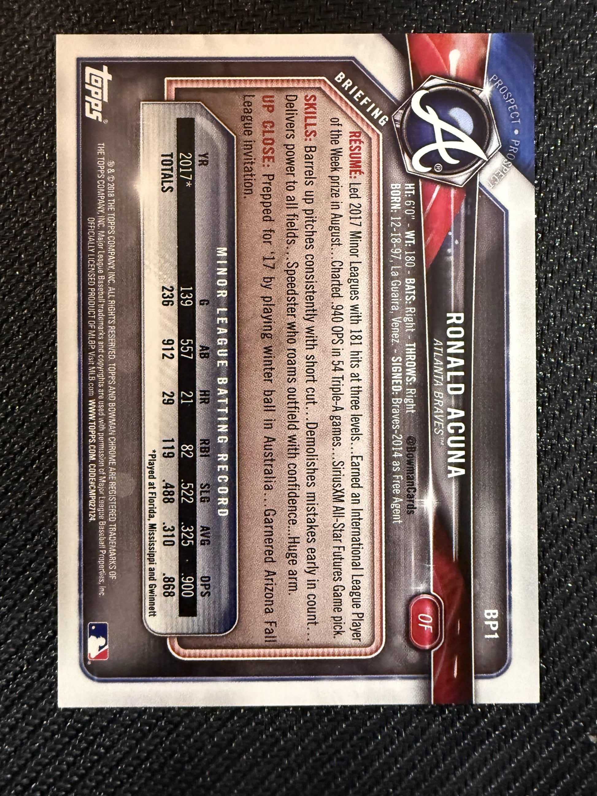 #BP1 Ronald Acuna 2018 Bowman SN #/150 Atlanta Braves sports Prospects Blue