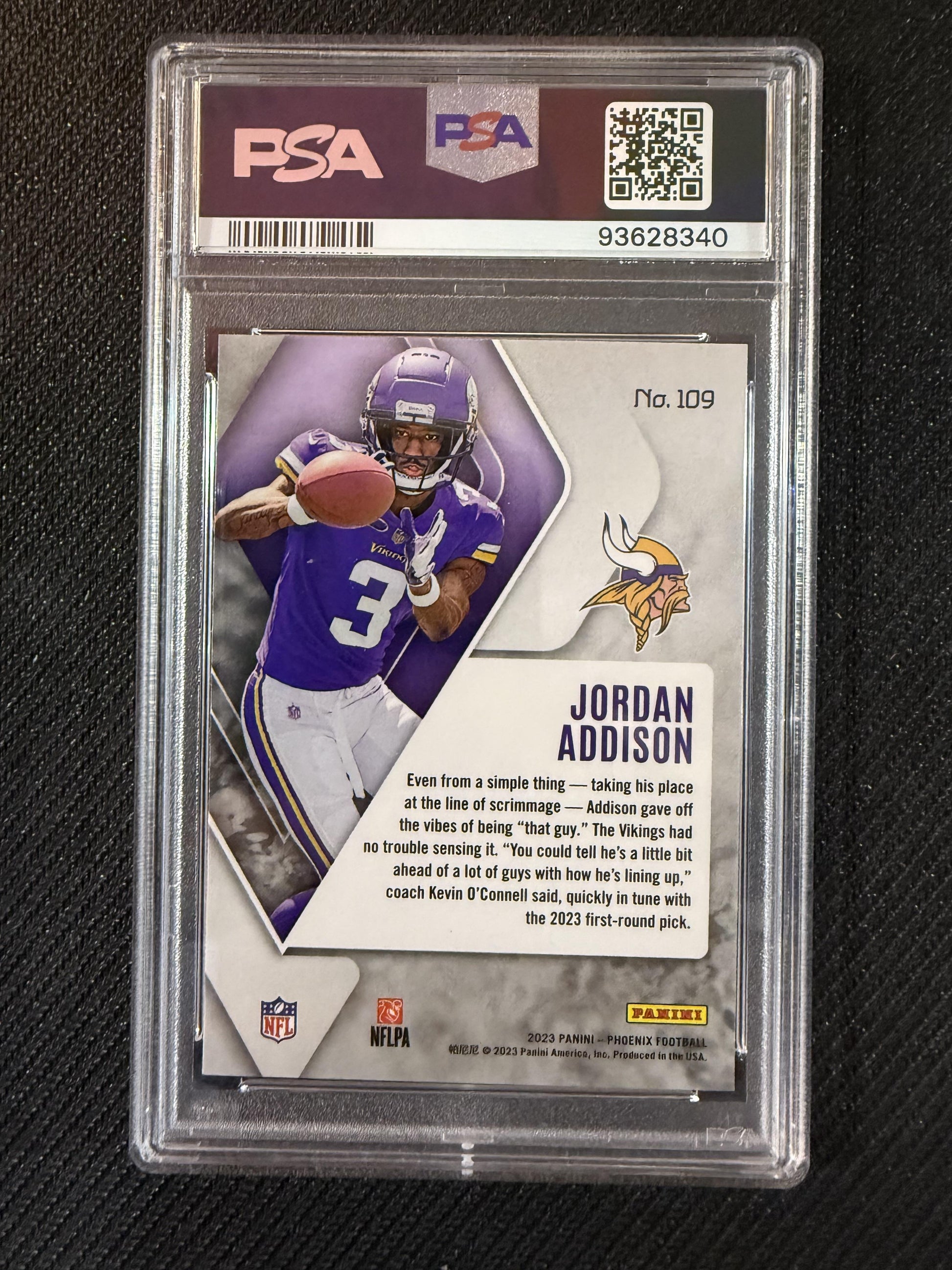 #109 Jordan Addison 2023 Panini Phoenix RC Vikings White Shimmer PSA 9