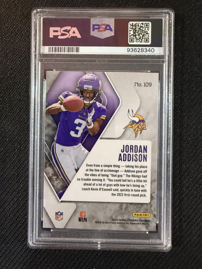 #109 Jordan Addison 2023 Panini Phoenix RC Vikings White Shimmer PSA 9