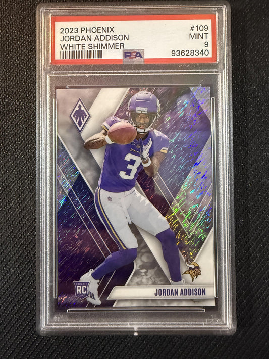 #109 Jordan Addison 2023 Panini Phoenix RC Vikings White Shimmer PSA 9