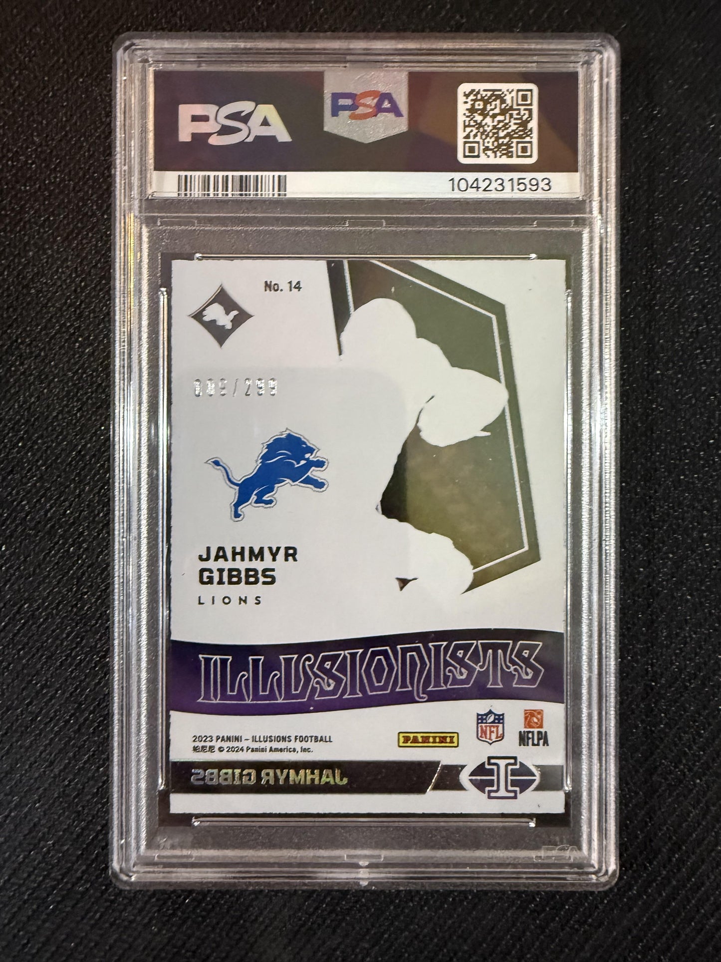 #14 Jahmyr Gibbs 2023 Panini Illusions SN Detroit Lions Illusionists Pink PSA 10