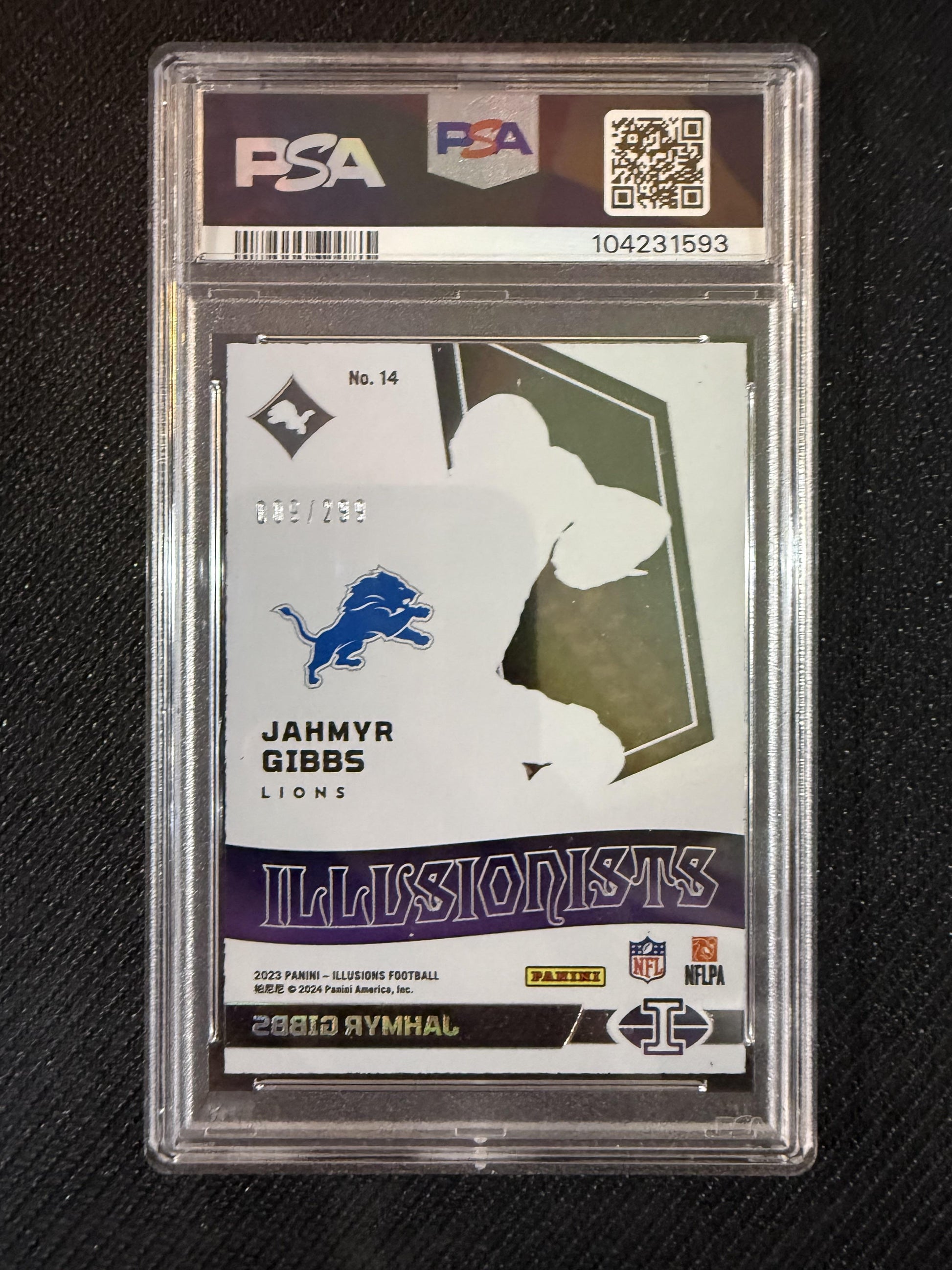 #14 Jahmyr Gibbs 2023 Panini Illusions SN Detroit Lions Illusionists Pink PSA 10