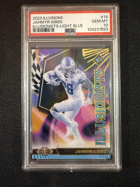 #14 Jahmyr Gibbs 2023 Panini Illusions SN Detroit Lions Illusionists Pink PSA 10