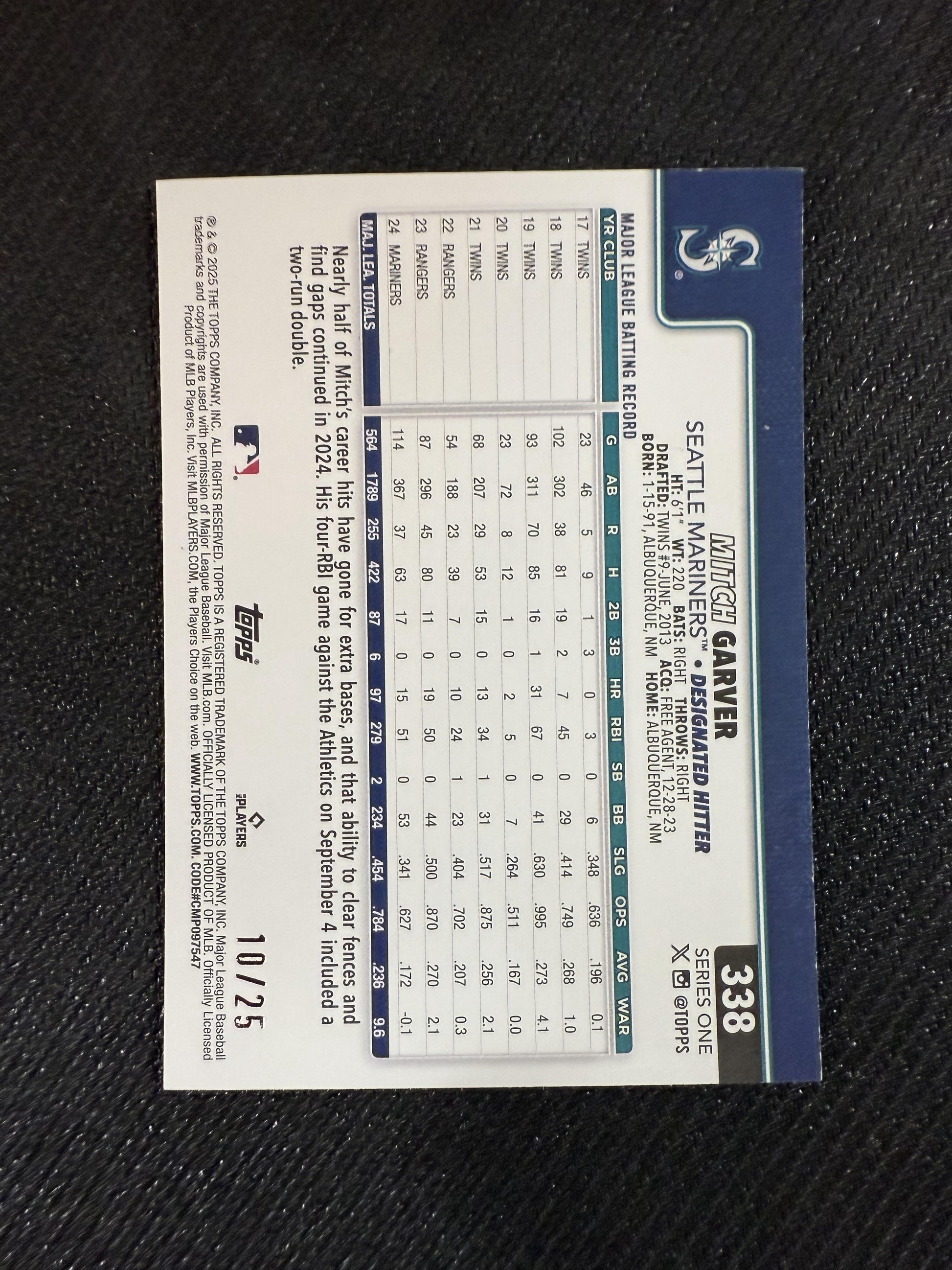 #338 Mitch Garver 2025 Topps SN #/25 Seattle Mariners sports Wood