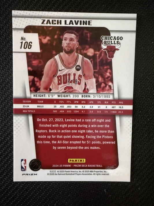 #106 Zach LaVine 2024-25 Panini Prizm Deca SN #/5 Chicago Bulls Black Gold