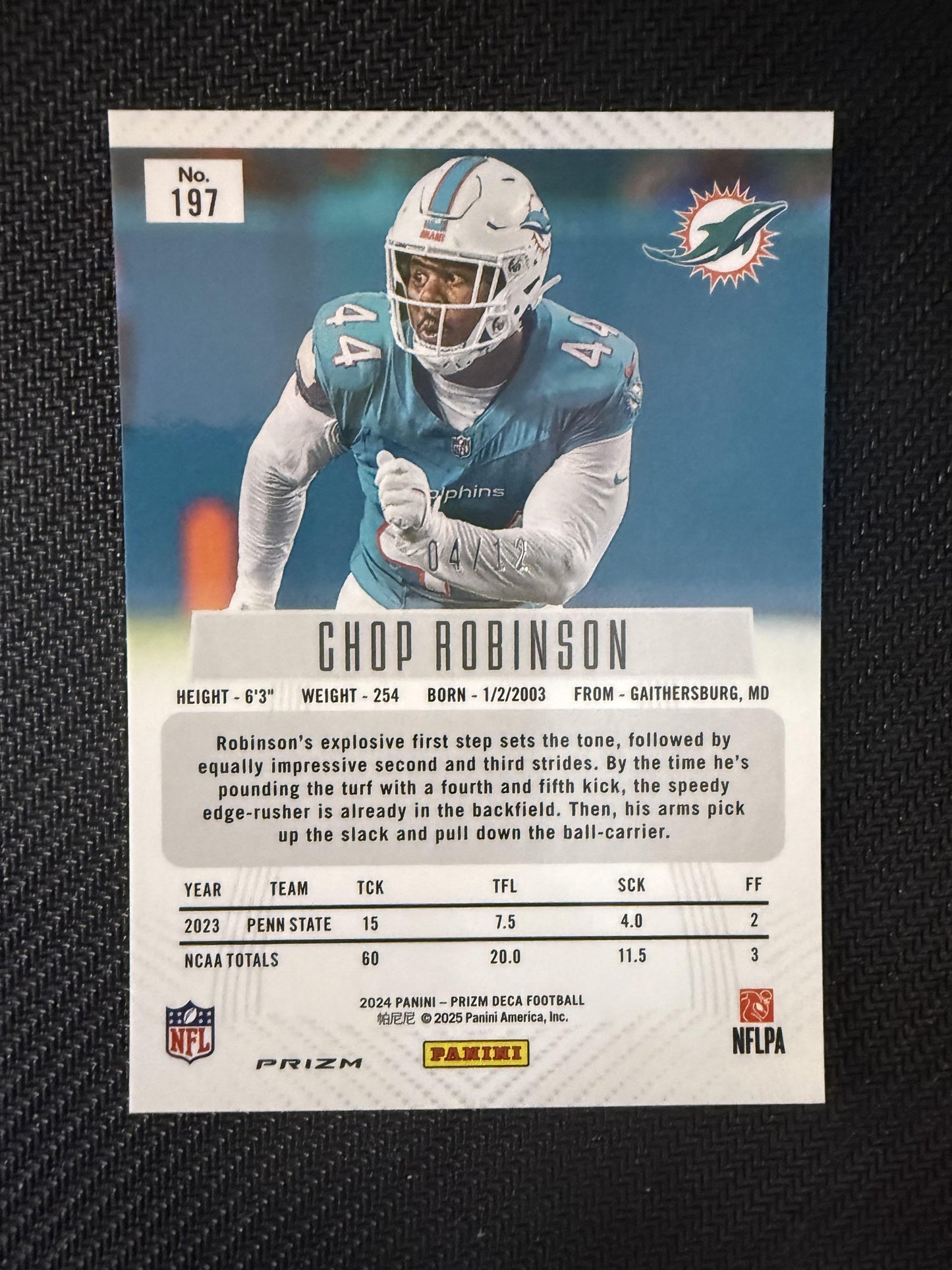 #197 Chop Robinson 2024 Panini Prizm Deca SN #/12 Dolphins Shimmer Green FOTL