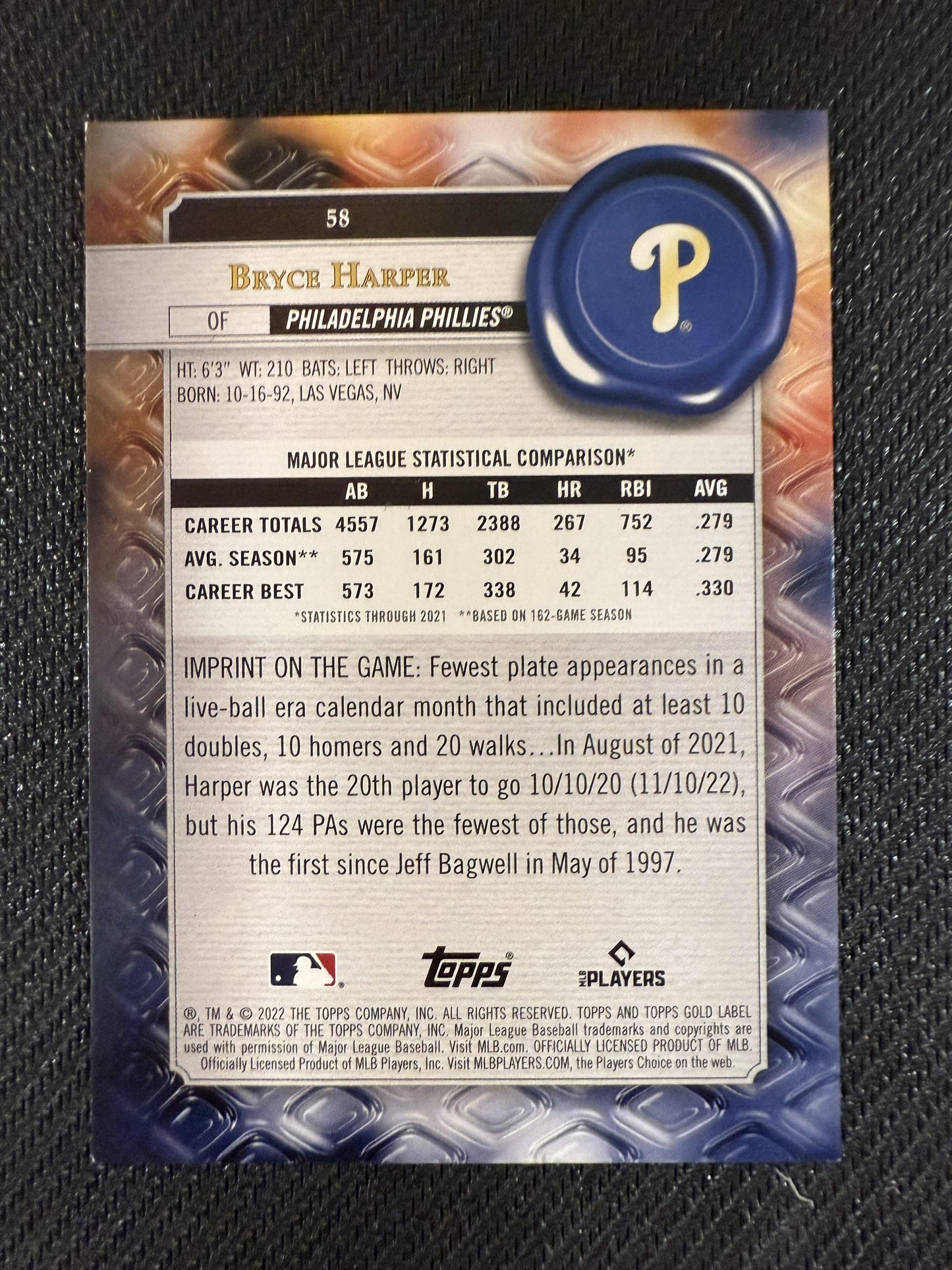 #58 Bryce Harper 2022 Topps Gold Label SN #/25 Philadelphia Phillies Class 3 Red
