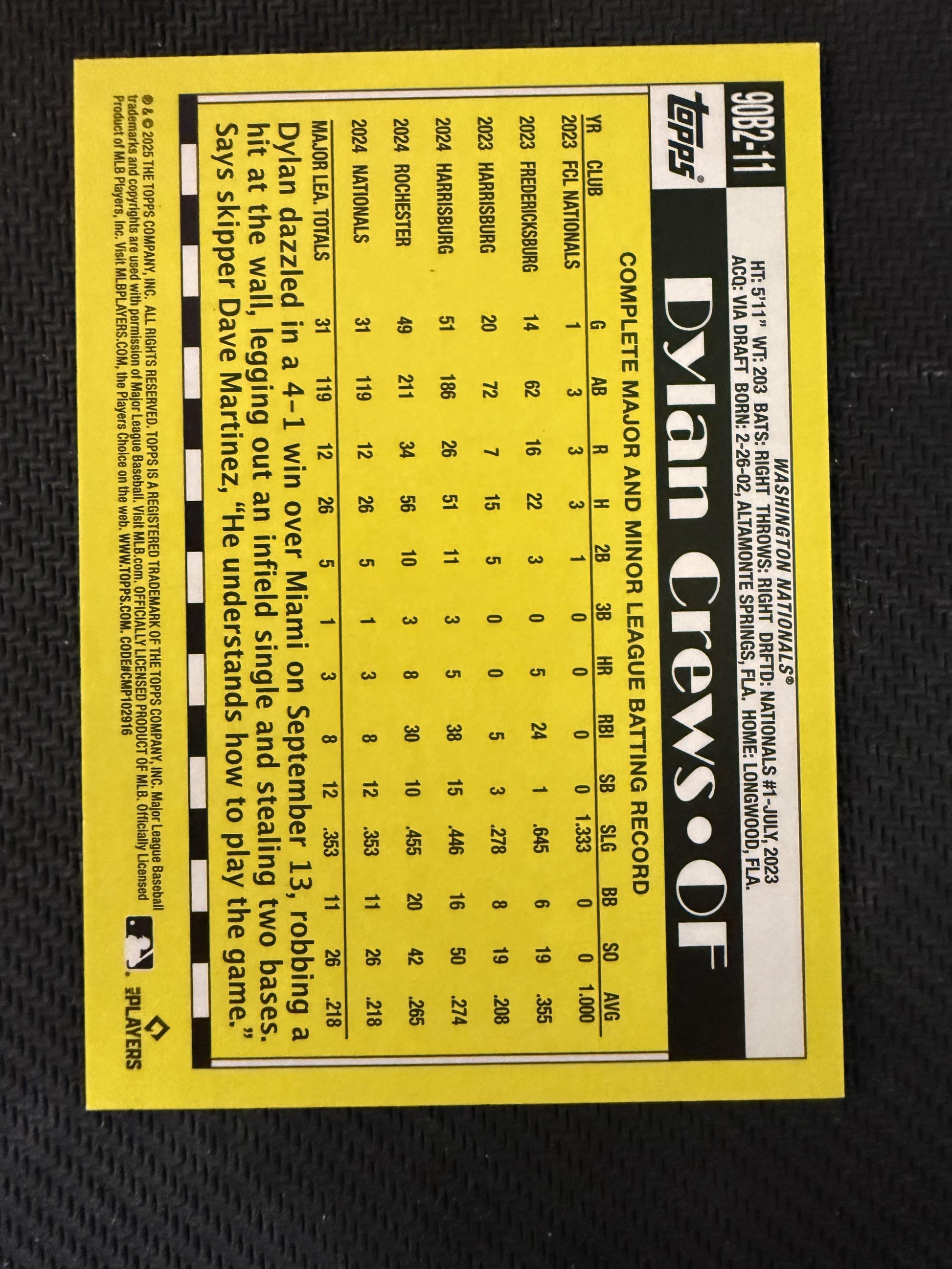 #90B2-11 Dylan Crews 2025 Topps SN #/50 Washington Nationals 1990 35th Gold