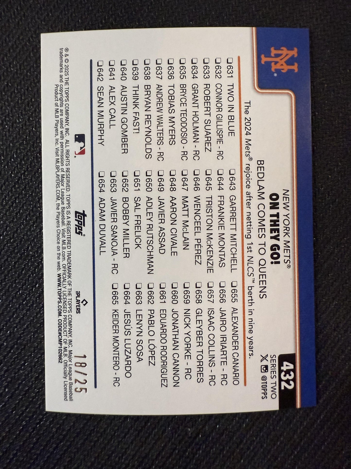 #432 On They Go! Bedlam Comes to Queens 2025 Topps SN /25 Mets Orange Diamante