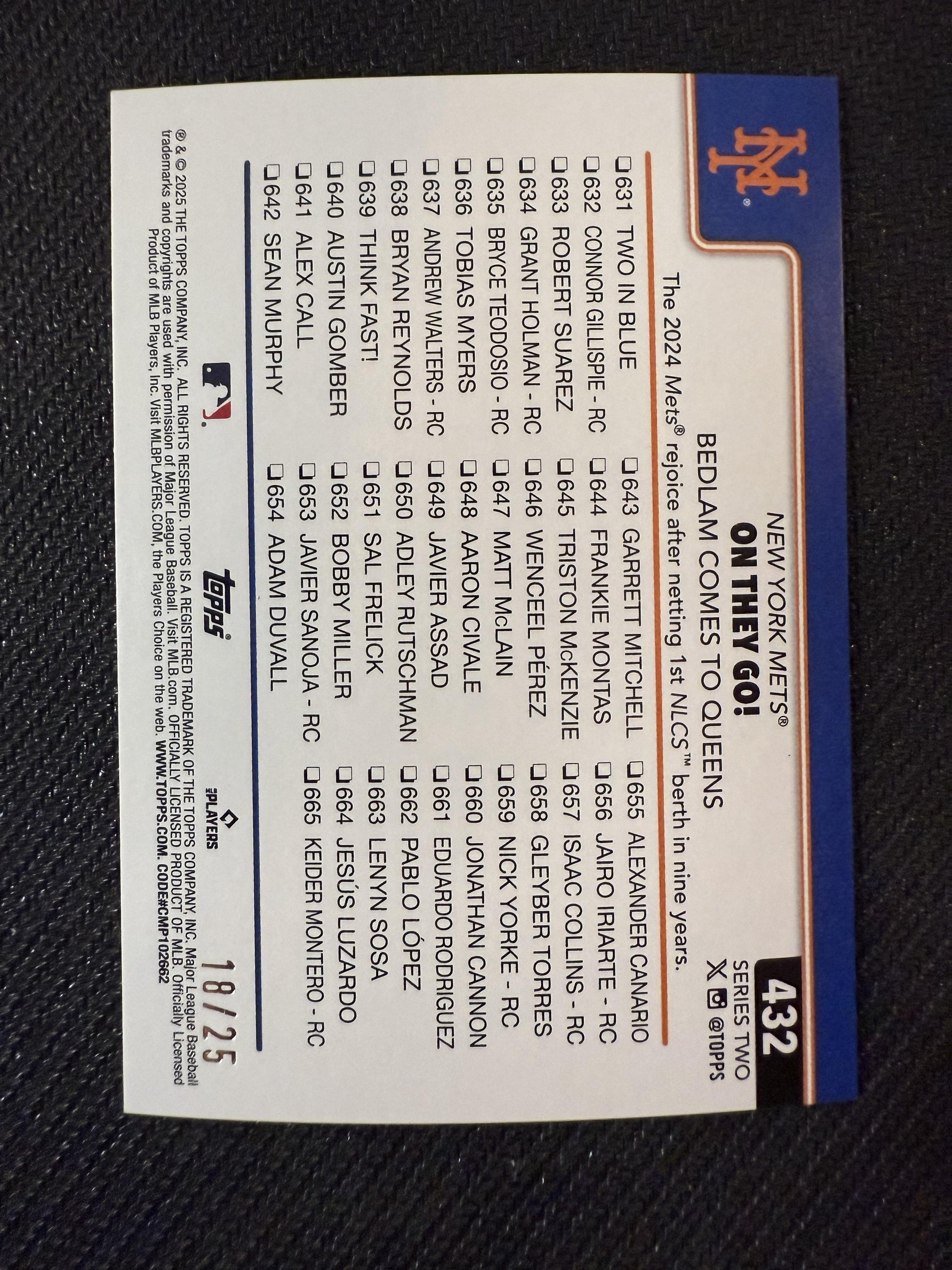 #432 On They Go! Bedlam Comes to Queens 2025 Topps SN /25 Mets Orange Diamante