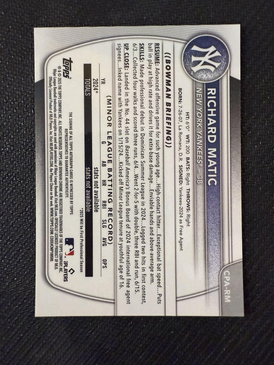 #CPA-RM Richard Matic 2025 Bowman SN,AU Auto /99 Yankees Chrome Prospects Green