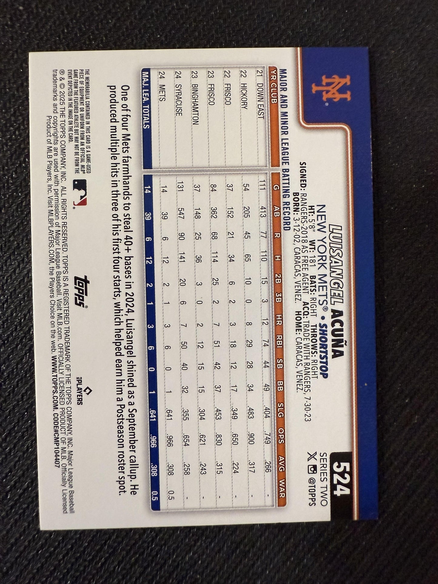#524 Luisangel Acuña 2025 Topps /50 Mets Flagship Real One Relics Gold