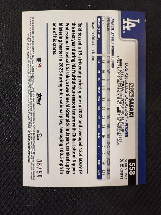#558 Roki Sasaki 2025 Topps SN,RC Rookie #/50 Los Angeles Dodgers Gold Diamante