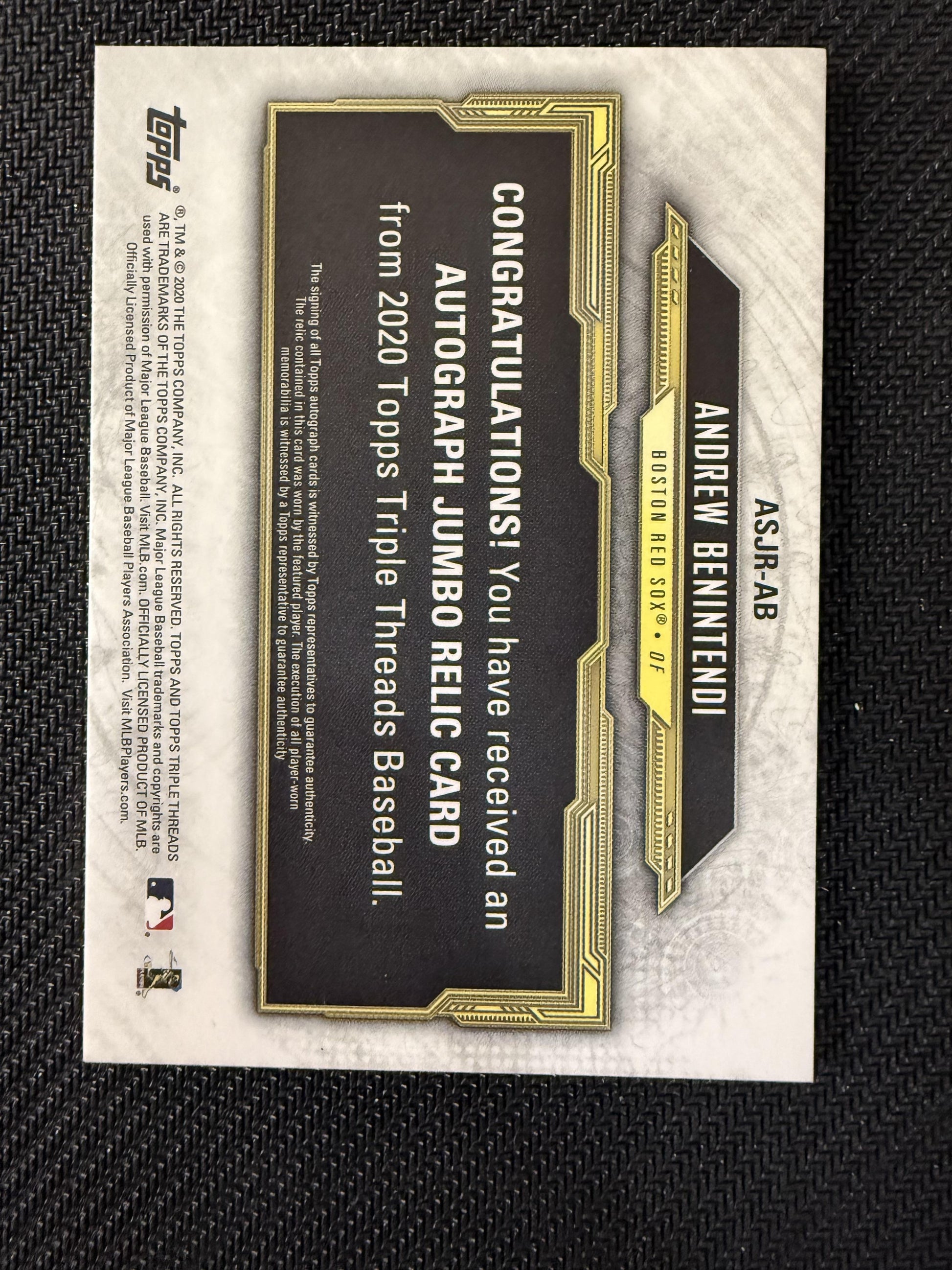 #ASJR-AB Andrew Benintendi 2020 Topps Triple Threads /25 Auto Relics Gold