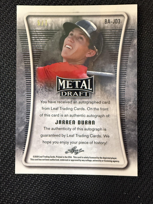 #BA-JD3 Jarren Duran 2020 Leaf Metal Draft SN,AU Auto #/7 Twins Orange Rainbow