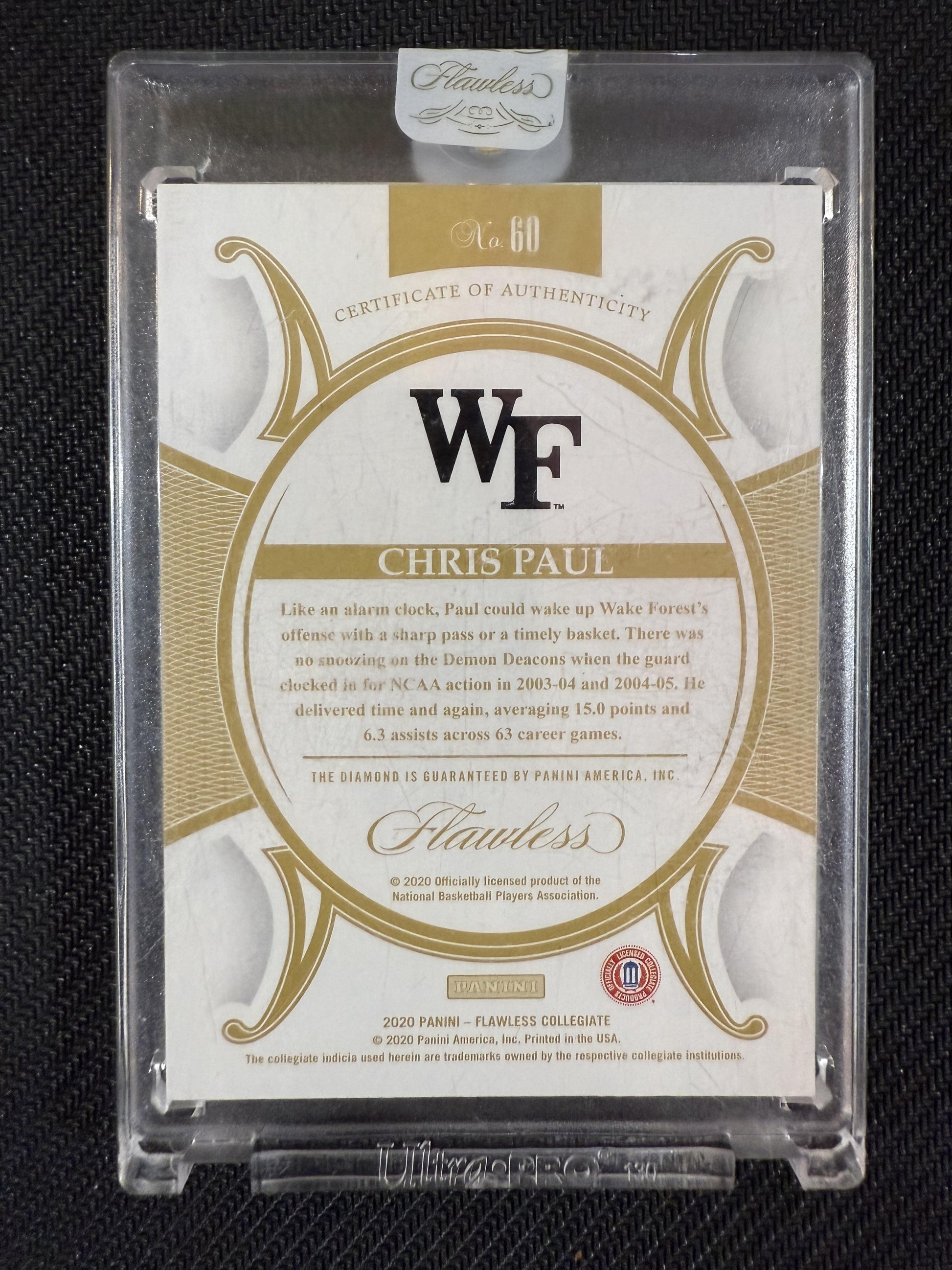 #60 Chris Paul 2020 Panini Flawless Collegiate SN #/10 Wake Forest Deacons Gold