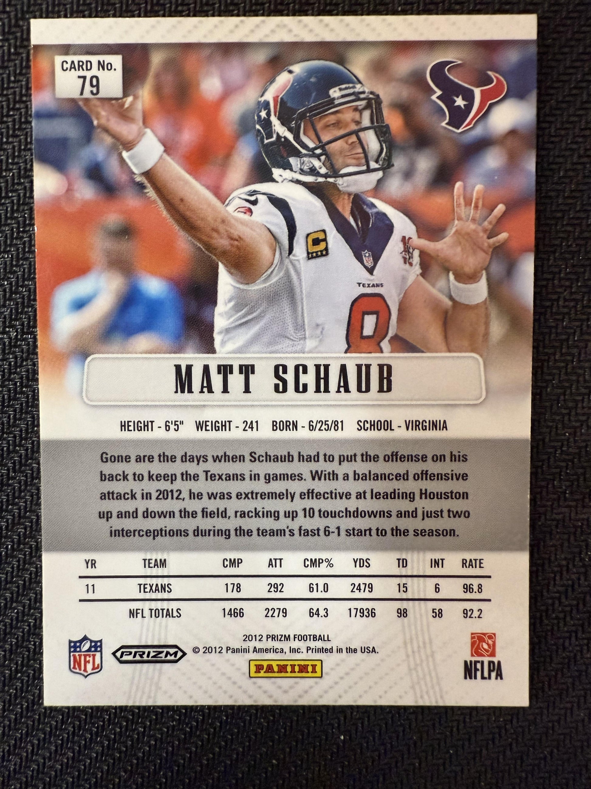 #79 Matt Schaub 2012 Panini Prizm Houston Texans sports Prizms