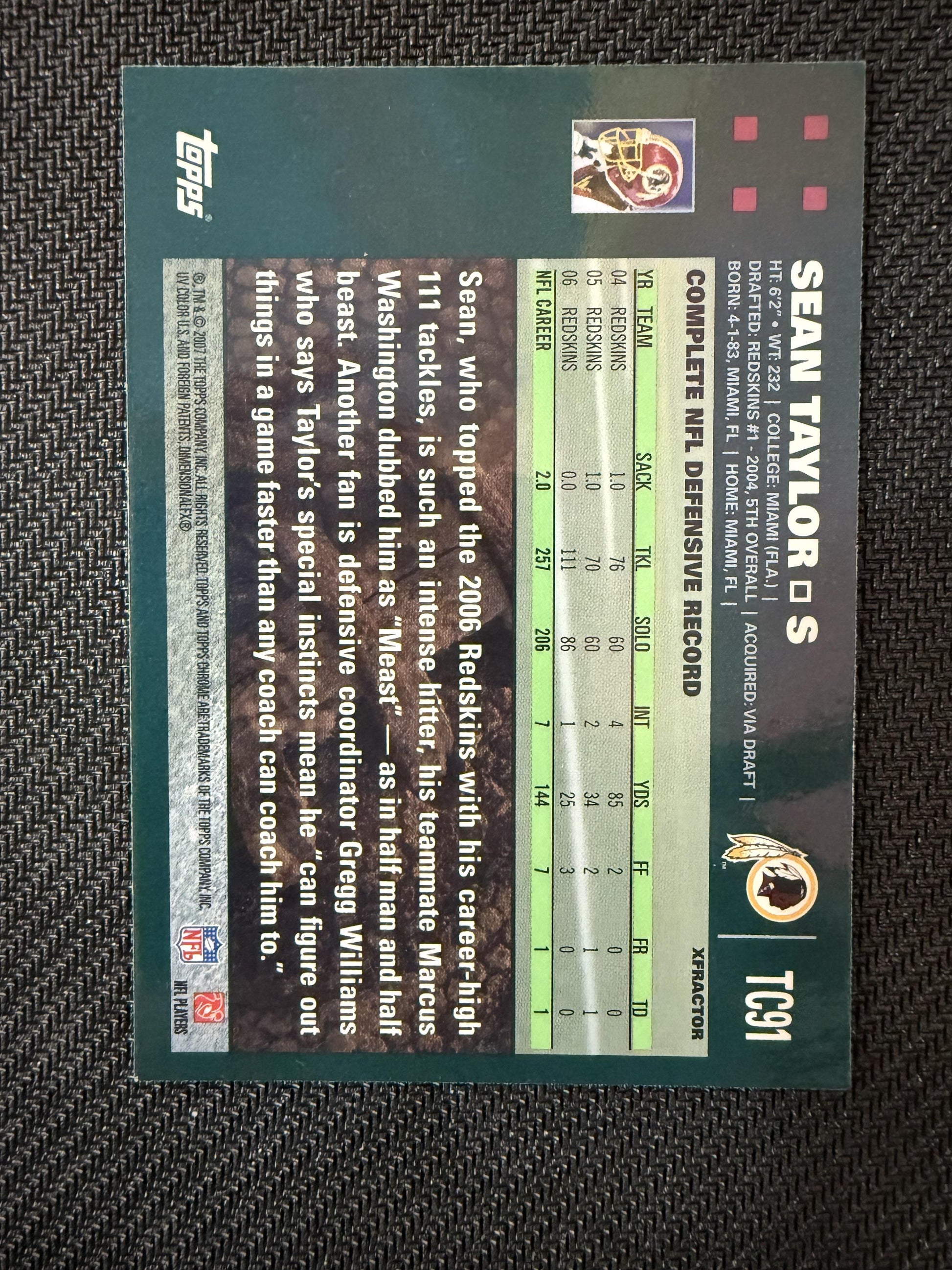 #TC91 Sean Taylor 2007 Topps Chrome Washington Redskins sports Xfractors