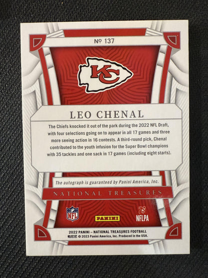 #137 Leo Chenal 2022 Panini National Treasures Auto /54 Chiefs Jersey Number Red