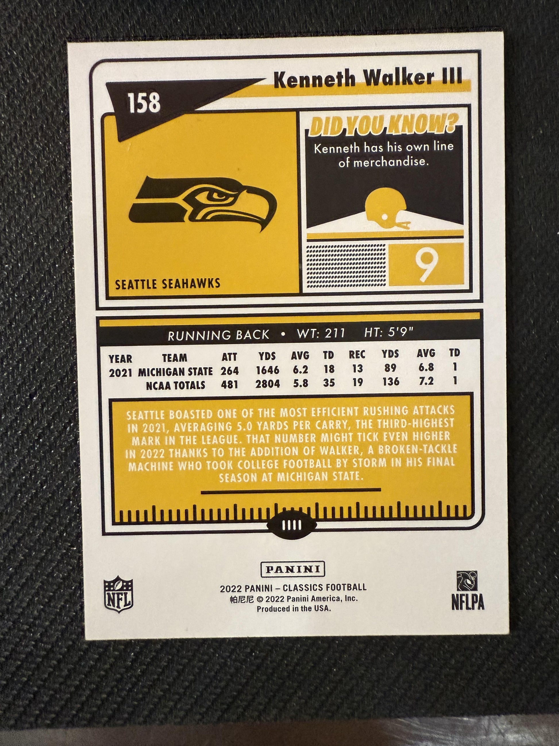 #158 Kenneth Walker III 2022 Panini Classics /25 Timeless Tributes Green
