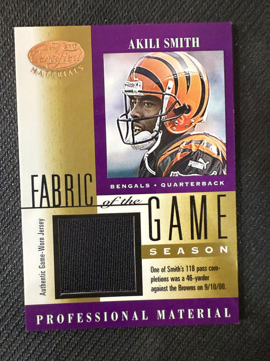 #FG-111 Akili Smith 2001 Leaf Certified Materials MEM,SN /41 Fabric of the Game