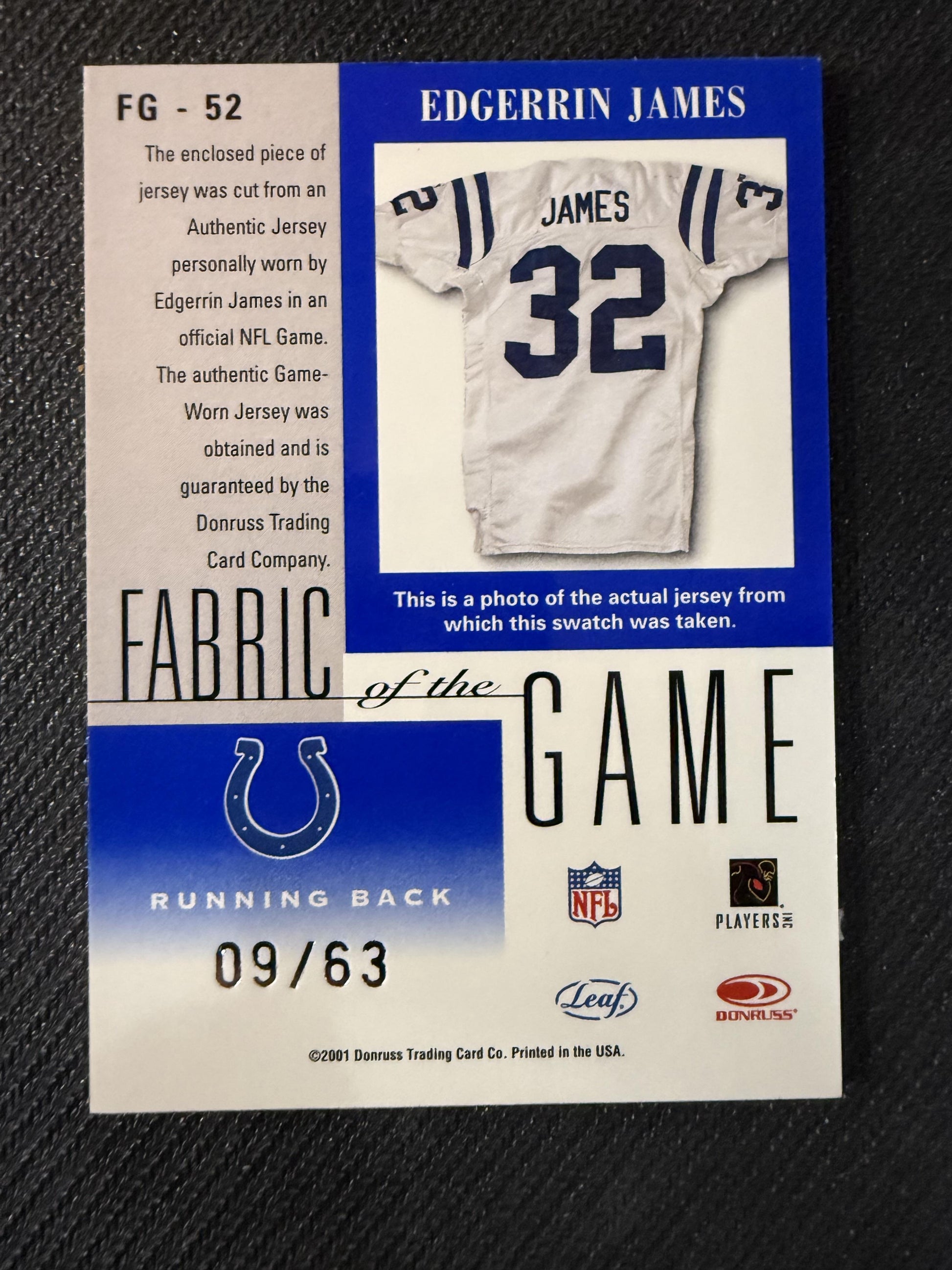 #FG-52 Edgerrin James 2001 Leaf Certified Materials #/63 Fabric of the Game