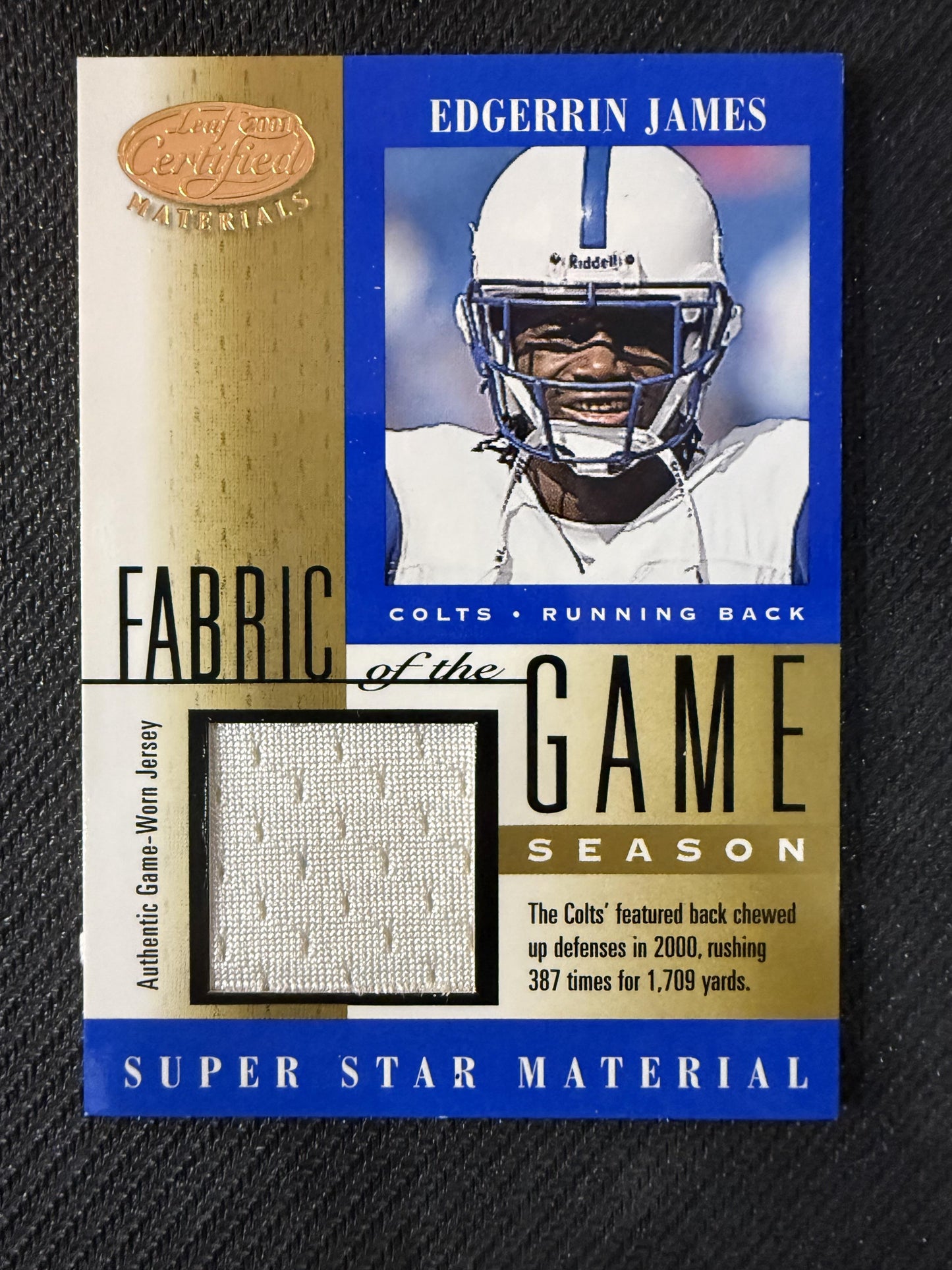 #FG-52 Edgerrin James 2001 Leaf Certified Materials #/63 Fabric of the Game
