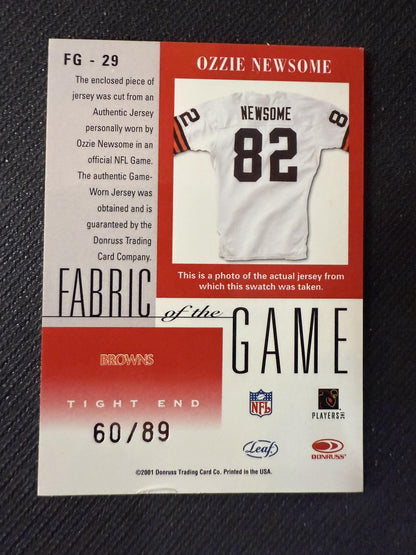 #FG-29 Ozzie Newsome 2001 Leaf Certified Materials /89 Fabric of the Game